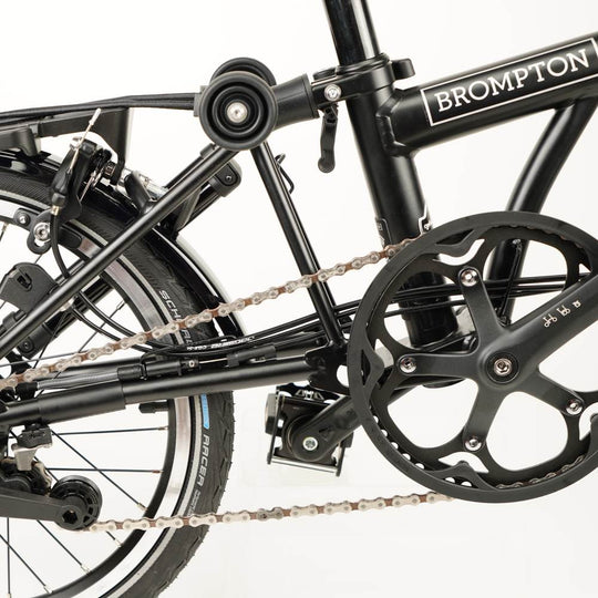 Black leather chain and hook protector for Brompton on the Brompton