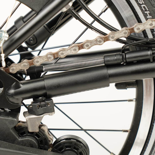 Black leather chain and hook protector for Brompton close up