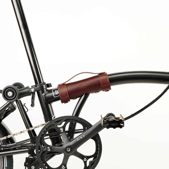 Brown Leather Brompton Carry Handle - Brompton accessories - Souma Leather on black Brompton bike