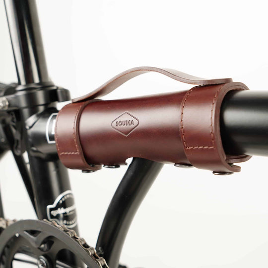 Leather Brompton Carry Handle - Brompton accessories - Souma Leather brown with logo