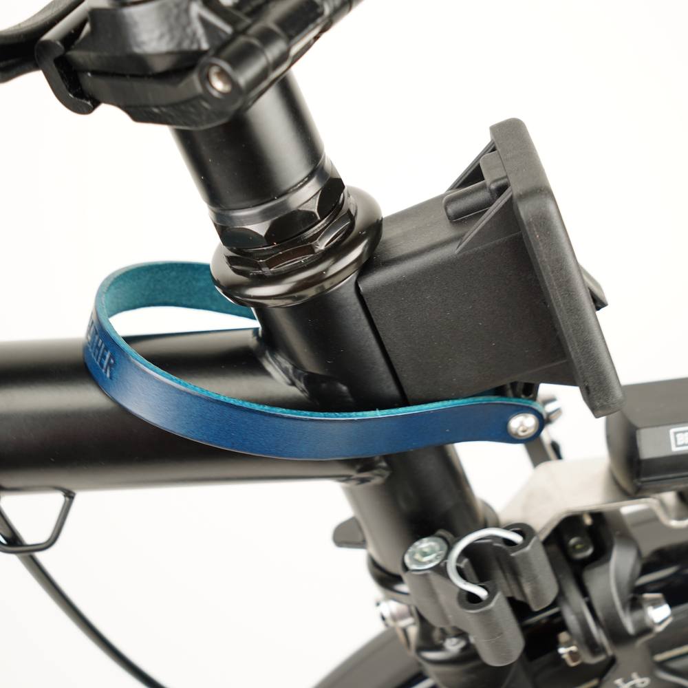 Blue Leather Front Carrier Block Strap for Brompton - Brompton - Souma Leather - close up view