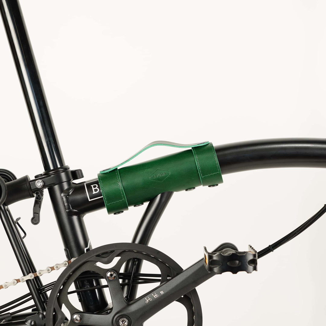Green Leather Brompton Carry Handle - Brompton accessories - Souma Leather on black Brompton