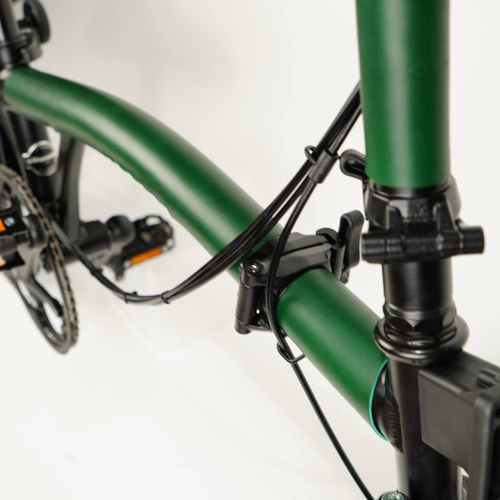 Green Full Frame Leather Protector full Set for Brompton Bicycle - Velcro - Bicycle Covers - Souma Leather detail