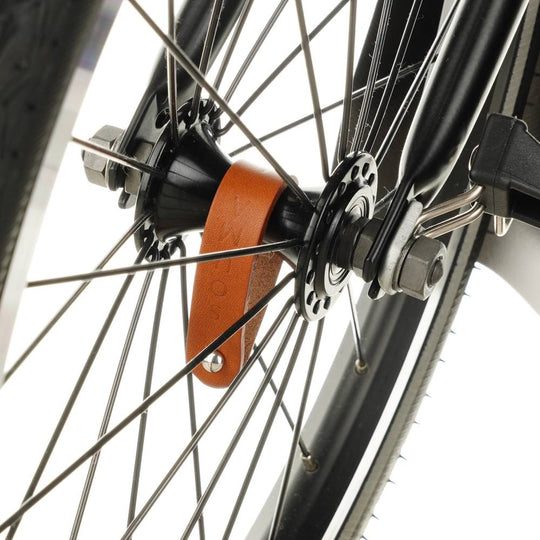 Honey Leather Hub Shiners for Brompton Bicycle - Brompton accessories - Souma Leather - front wheel close up