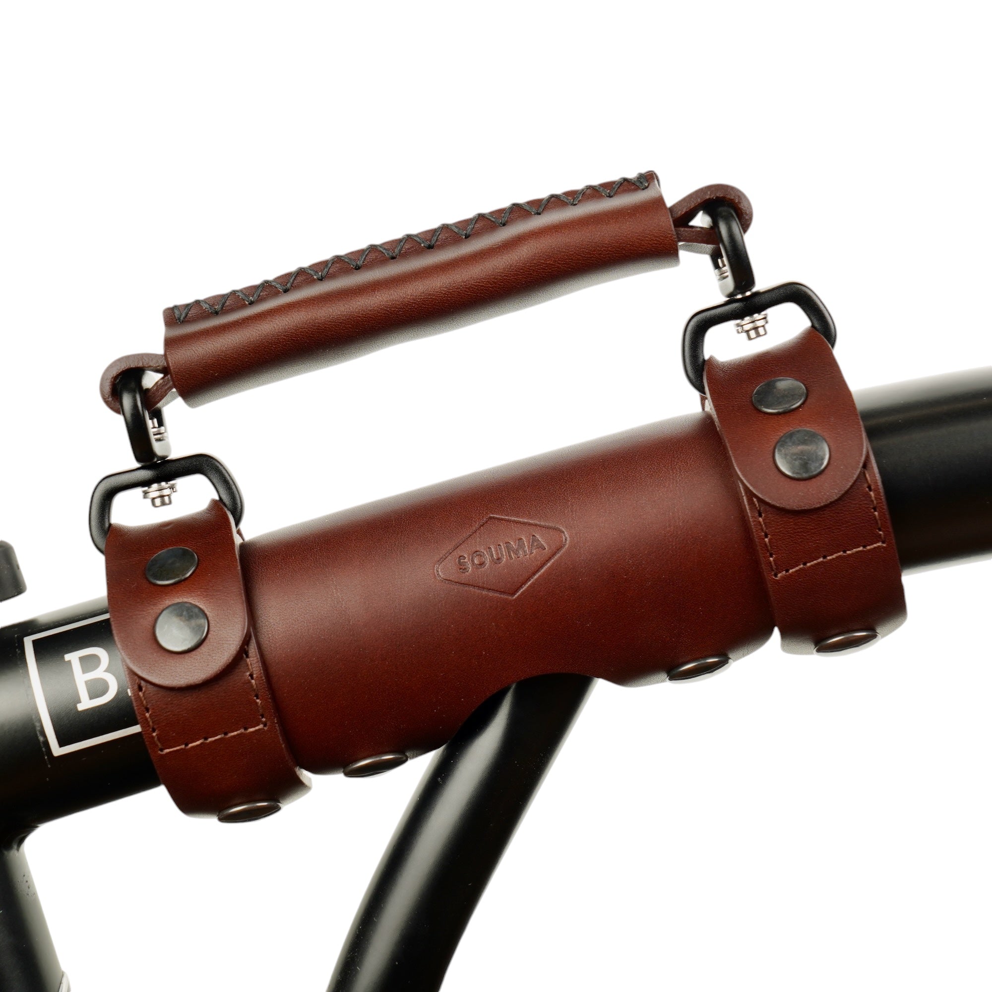 Brompton Heavy Duty Leather Carry Handle brown, side view with logo detail