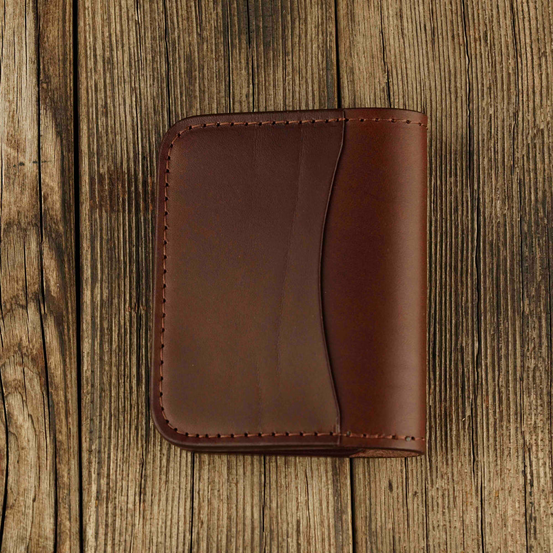 Bifold Apple AirTag Leather Wallet Brown wooden background, back side