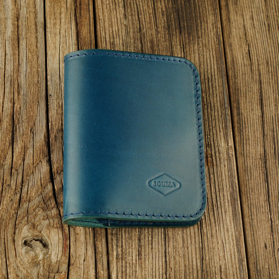 Bifold Apple AirTag Leather Wallet Blue wooden background, front side