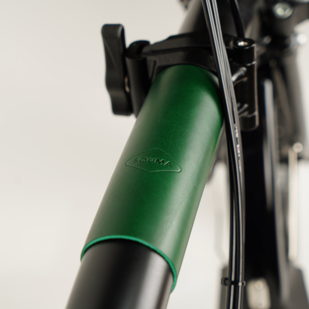 Frame Protector Set for Brompton - Velcro version, green color, front part of main frame tube logo close-up