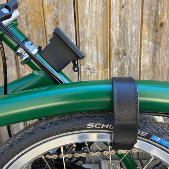 Black Leather Brompton wheel frame strap and trousers strap 2in1 - Brompton accessories - Souma Leather 