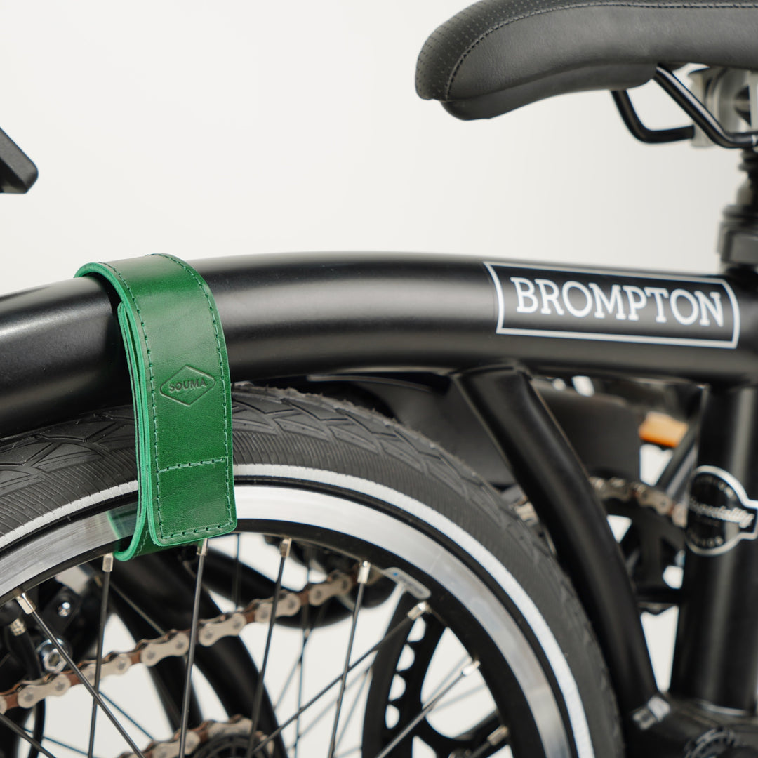 Leather  Brompton Wheel Frame strap green on brompton