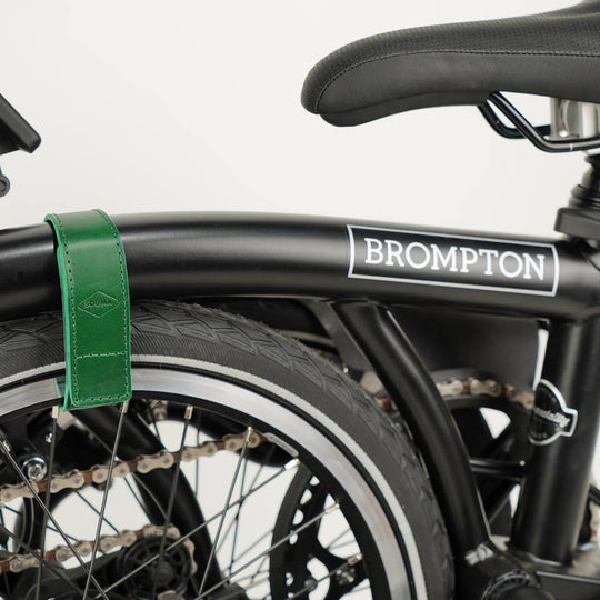 Green Leather Brompton wheel frame strap and trousers strap 2in1 - Brompton accessories - Souma Leather 
