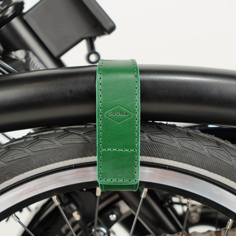 Green Leather Brompton wheel frame strap and trousers strap 2in1 - Brompton accessories - Souma Leather - front view