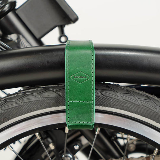 Green Leather Brompton wheel frame strap and trousers strap 2in1 - Brompton accessories - Souma Leather - front view