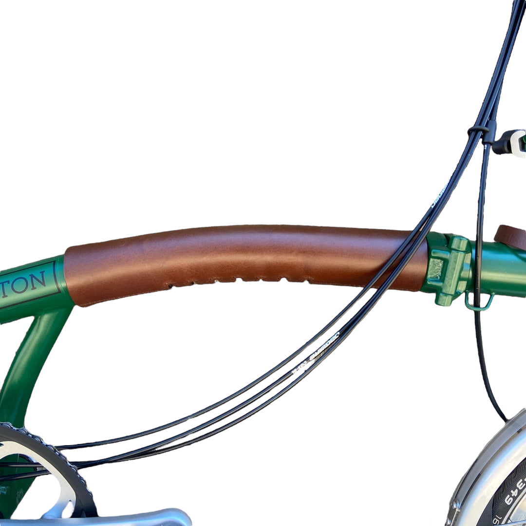 Brompton Frame Protector Souma Leather Brompton accessory Brown on racing green Brompton bicycle