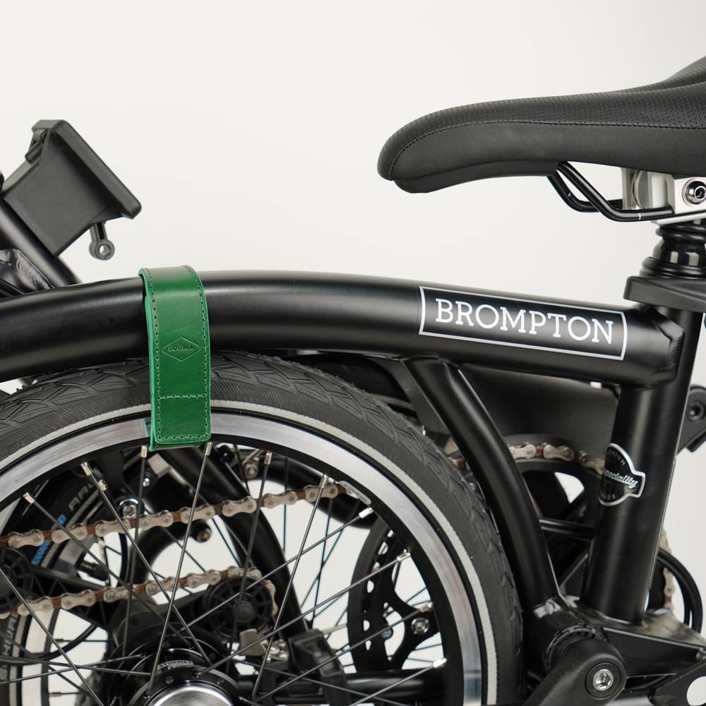 Green Leather Brompton wheel frame strap and trousers strap 2in1 