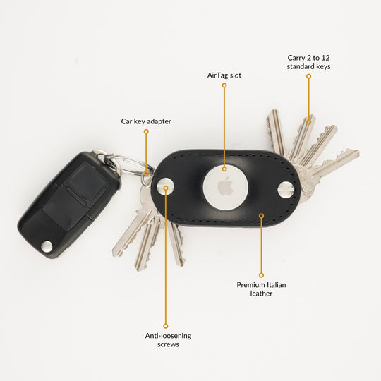 Leather Key organizer with car key adapter, AirTag slot, and premium Italian leather features on a white background.