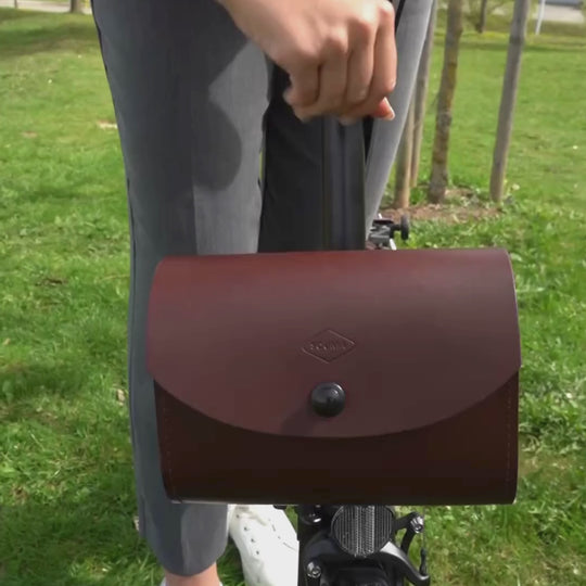 brown rounded front carrier Brompton bag video presented