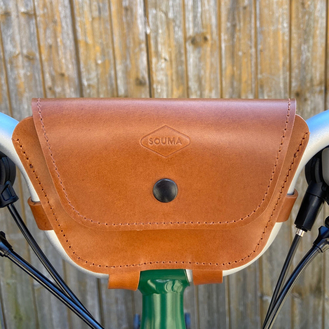 Brompton Bag for handlebars Souma Leather Honey black snap buttons 