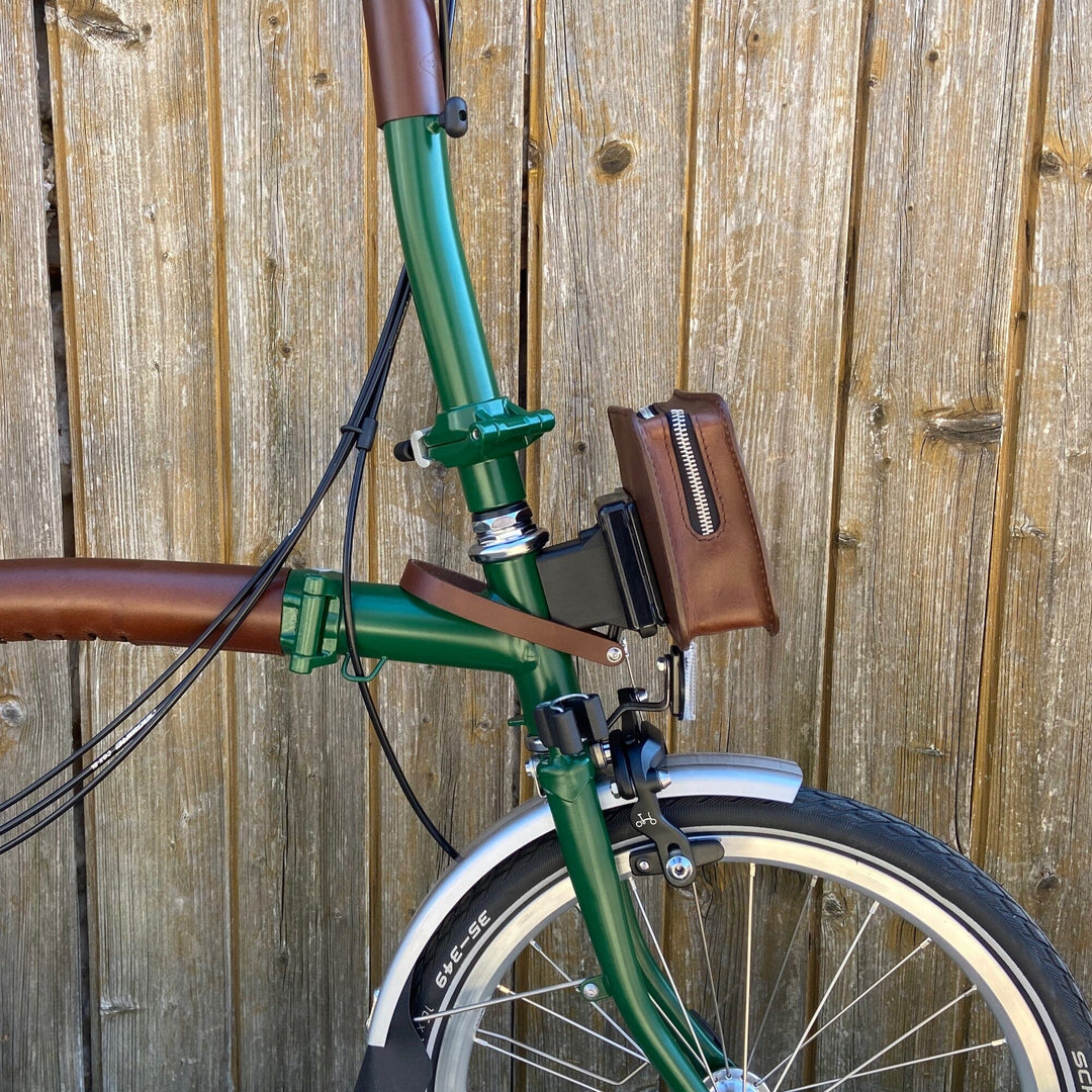 Front carrier block strap for Brompton Souma Leather brown side view