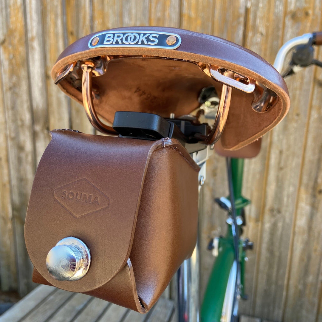 Bicycle Leather Saddle Bag - Quick Release Souma Leather Brown Silver detail